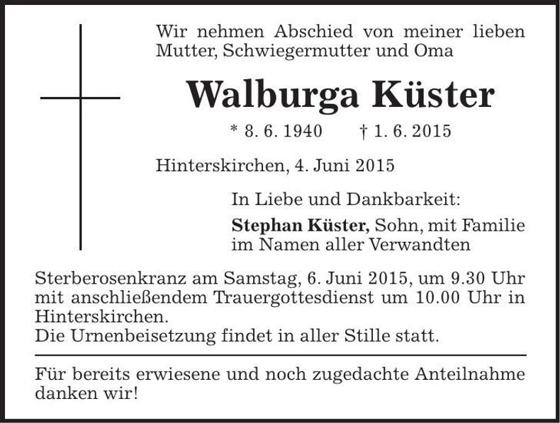 Traueranzeige Walburga Küster