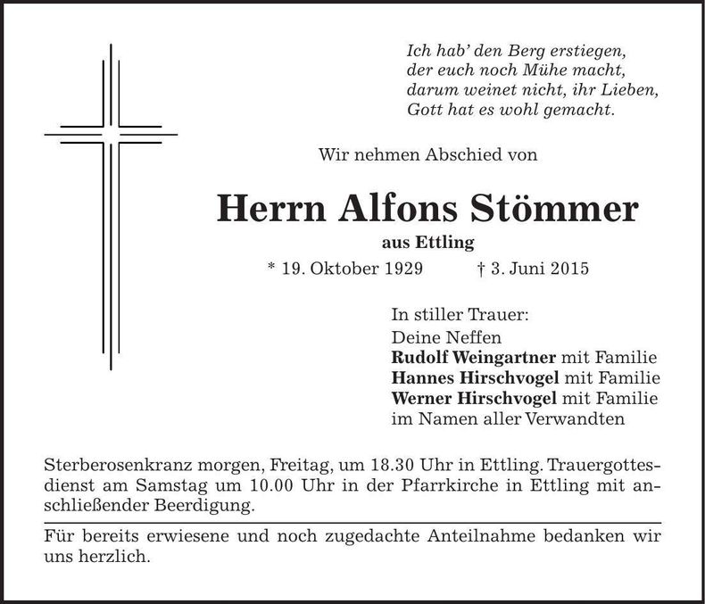 Traueranzeige Alfons Stömmer