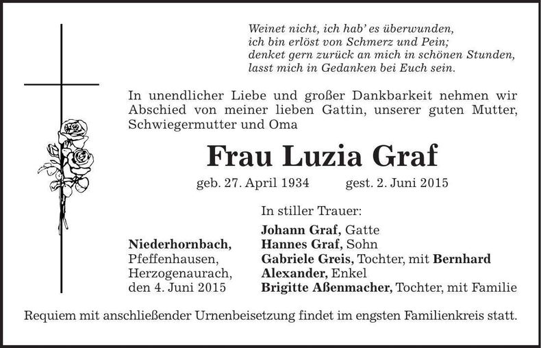 Traueranzeige Luzia Graf