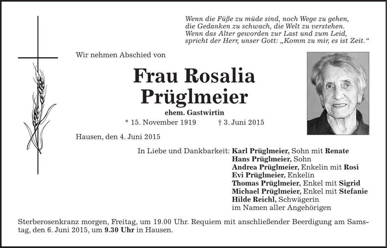 Traueranzeige Rosalia Prüglmeier