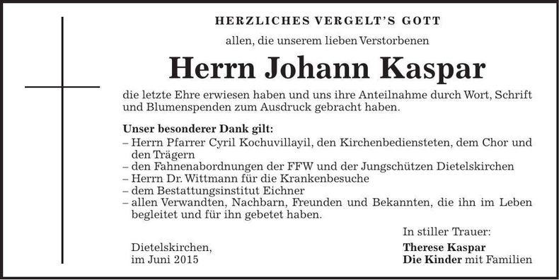 Traueranzeige Johann Kaspar