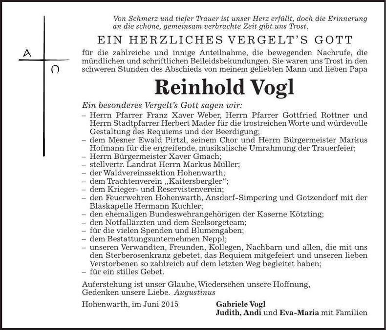 Traueranzeige Reinhold Vogl
