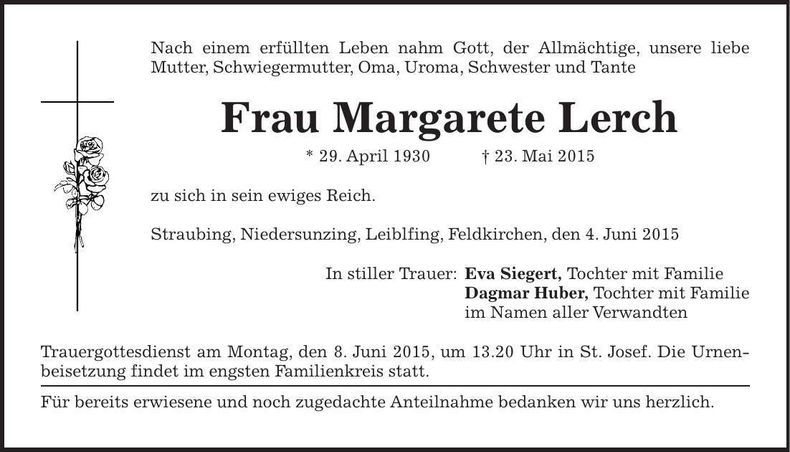 Traueranzeige Margarete Lerch