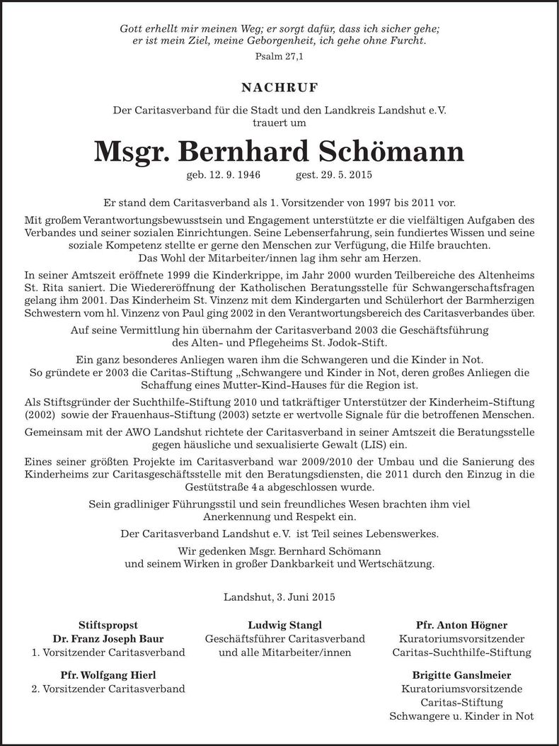 Traueranzeige Bernhard Schömann