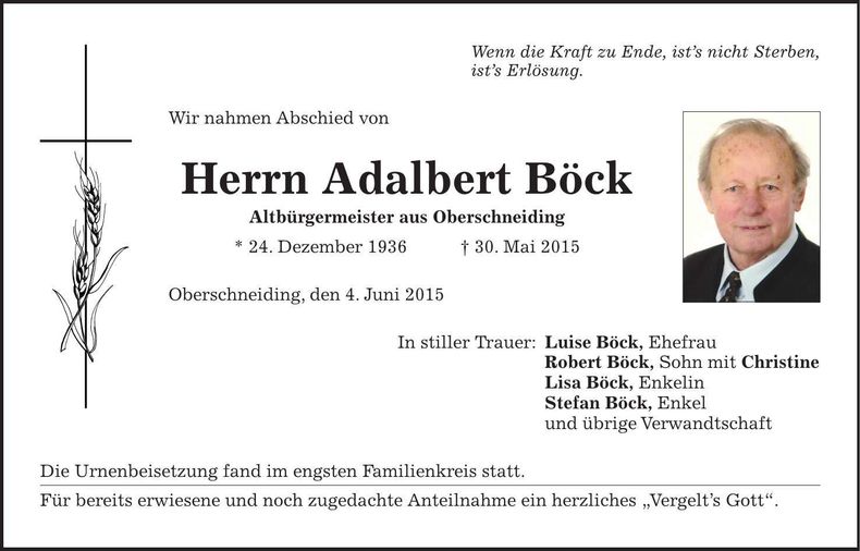Traueranzeige Adalbert Böck