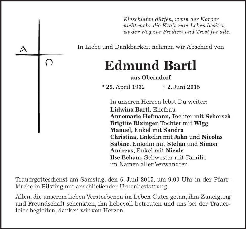Traueranzeige Edmund Bartl