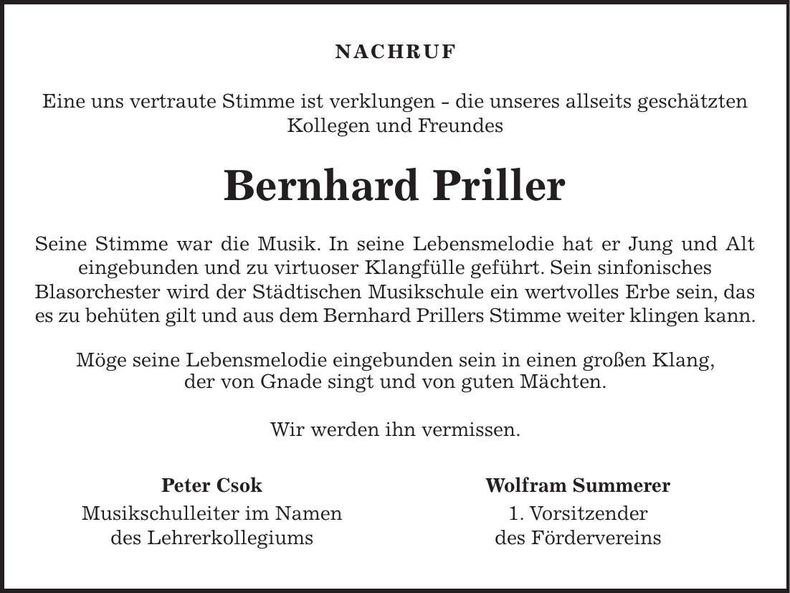 Traueranzeige Bernhard Priller