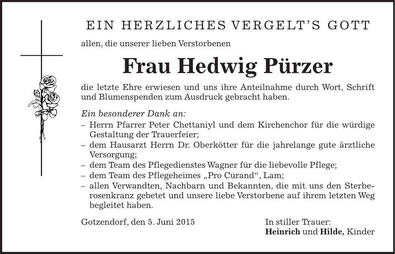 Traueranzeige Hedwig Pürzer