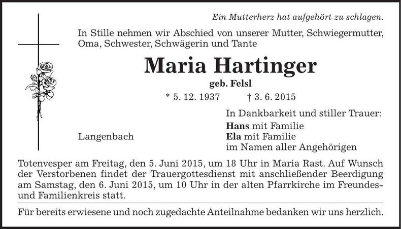 Traueranzeige Maria Hartinger