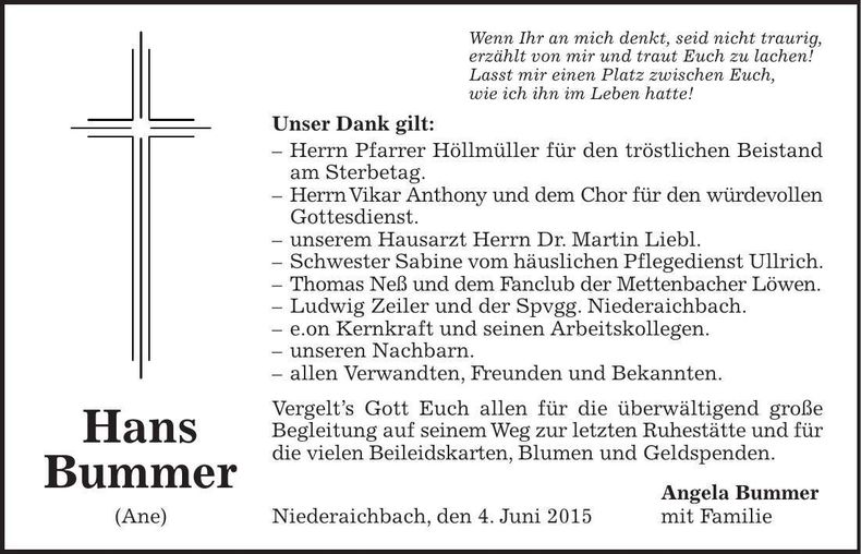 Traueranzeige Hans Bummer
