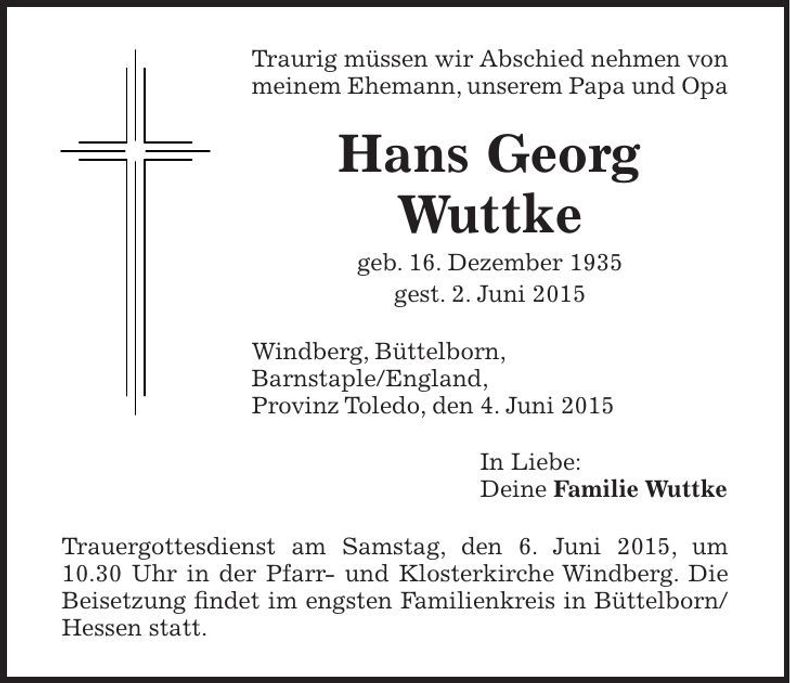 Traueranzeige Hans Georg Wuttke