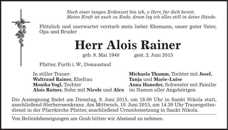 Traueranzeige Alois Rainer