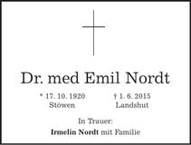 Traueranzeige Emil Nordt