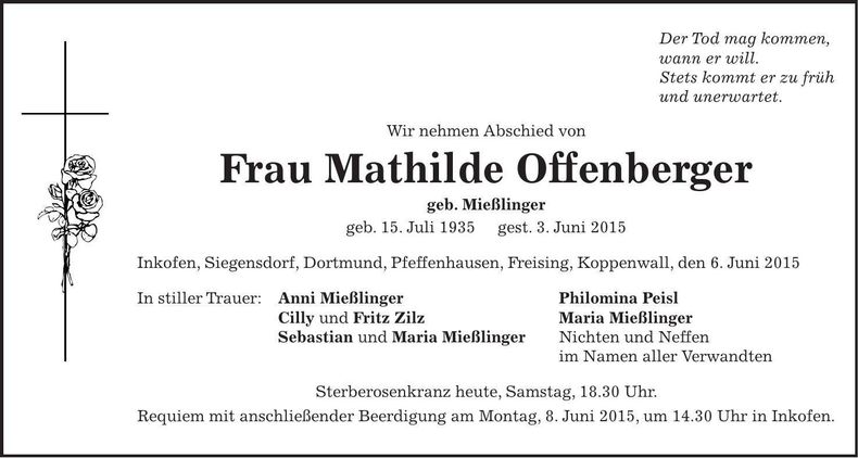 Traueranzeige Mathilde Offenberger