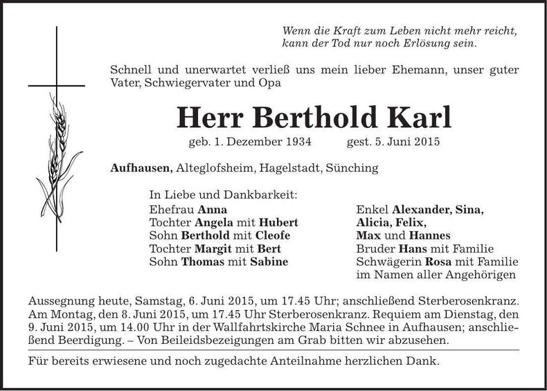 Traueranzeige Berthold Karl