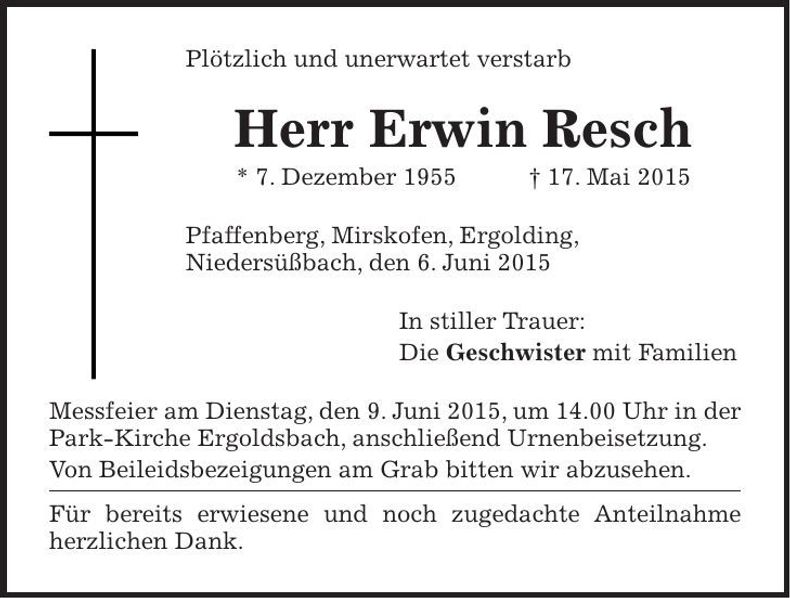 Traueranzeige Erwin Resch