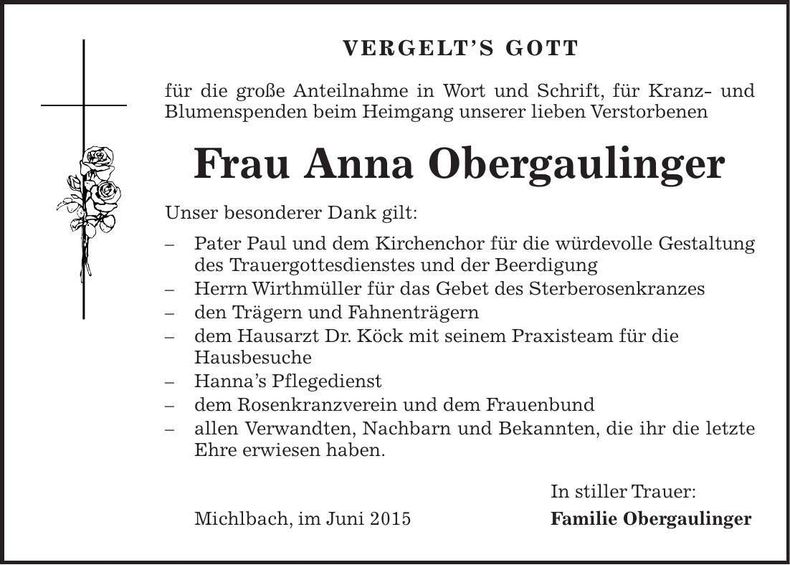 Traueranzeige Anna Obergaulinger