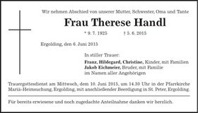 Traueranzeige Therese Handl