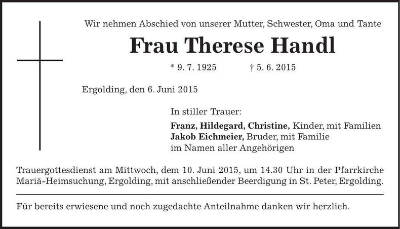 Traueranzeige Therese Handl