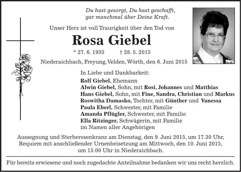 Traueranzeige Rosa Giebel