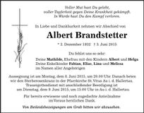 Traueranzeige Albert Brandstetter