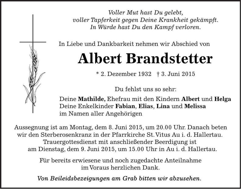 Traueranzeige Albert Brandstetter