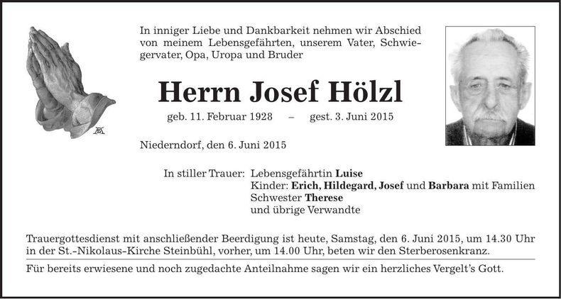 Traueranzeige Josef Hölzl