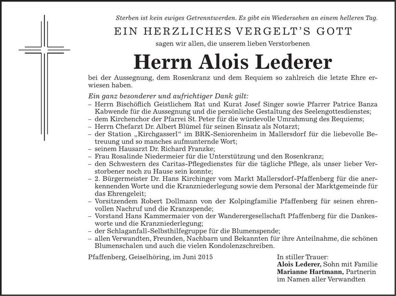 Traueranzeige Alois Lederer