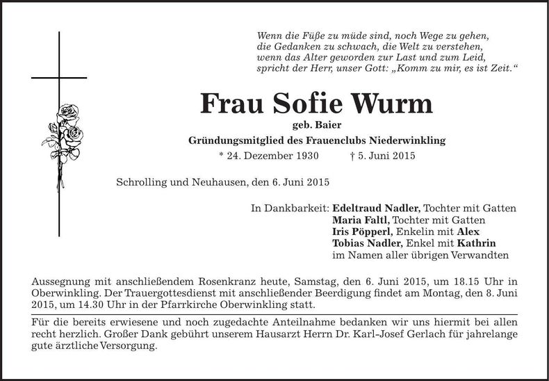Traueranzeige Sofie Wurm