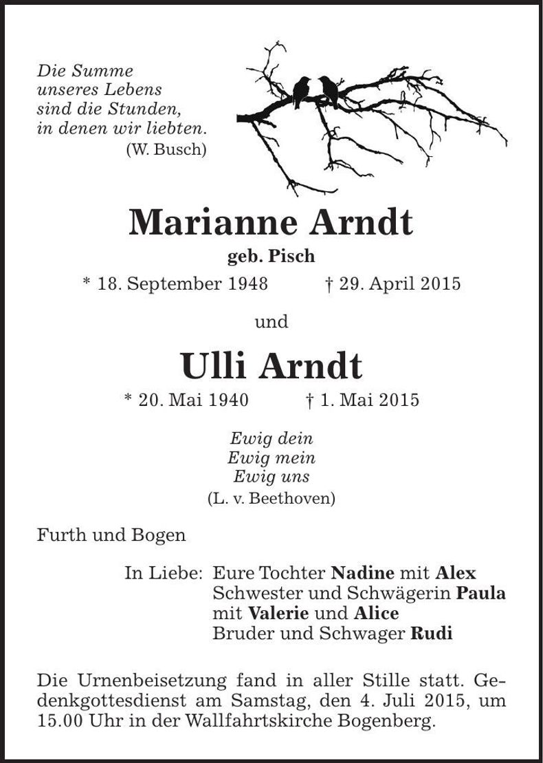 Traueranzeige Marianne und Ulli Arndt