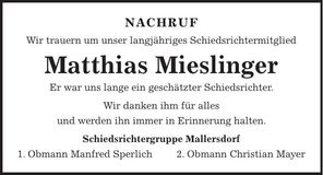 Traueranzeige Matthias Mieslinger