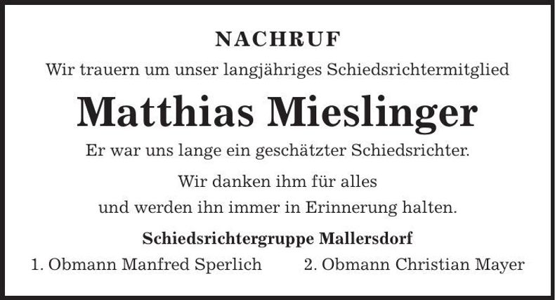 Traueranzeige Matthias Mieslinger