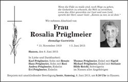 Traueranzeige Rosalia Prüglmeier