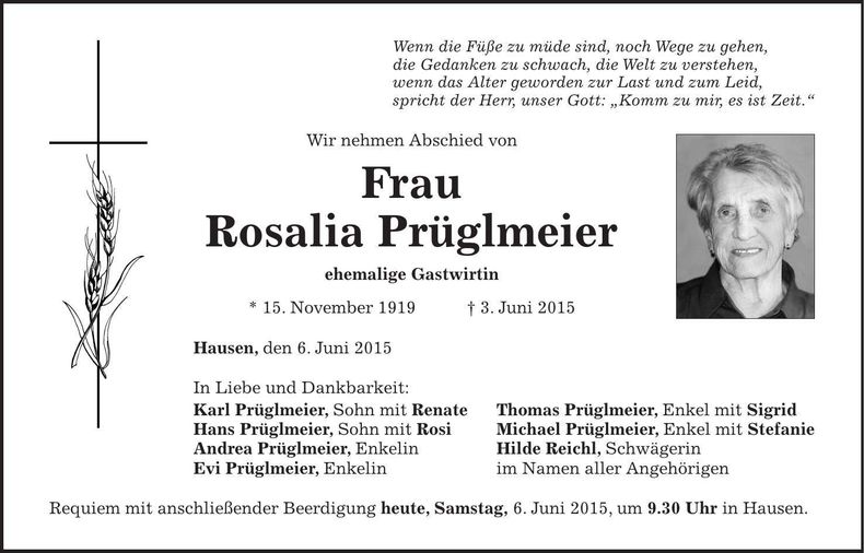 Traueranzeige Rosalia Prüglmeier