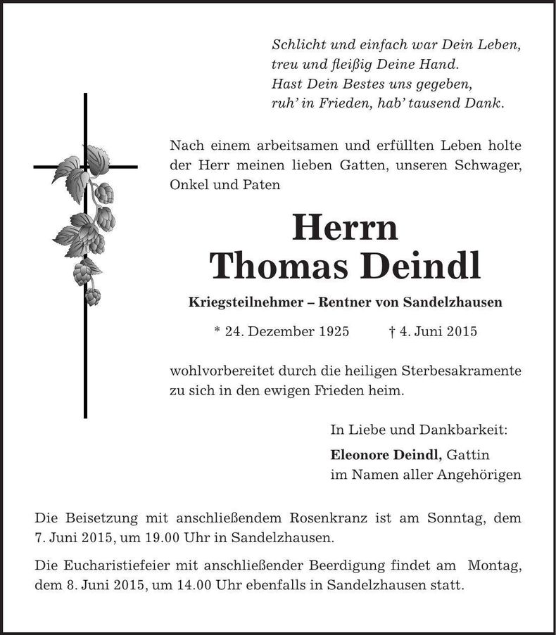 Traueranzeige Thomas Deindl