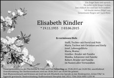 Traueranzeige Elisabeth Kindler
