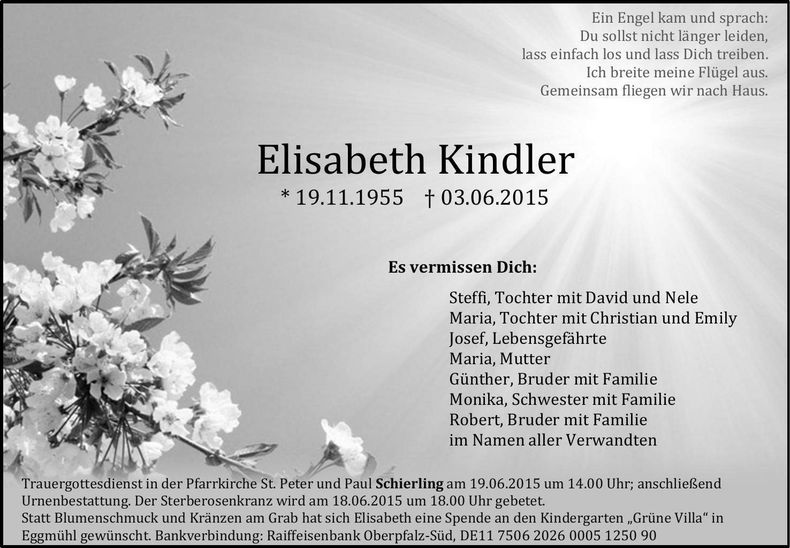 Traueranzeige Elisabeth Kindler