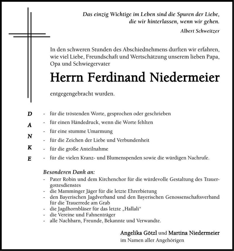 Traueranzeige Ferdinand Niedermaier