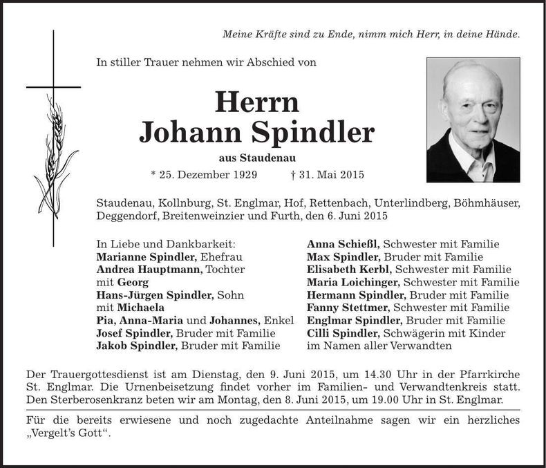 Traueranzeige Johann Spindler