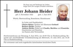 Traueranzeige Johann Heider