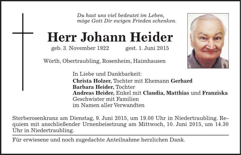 Traueranzeige Johann Heider