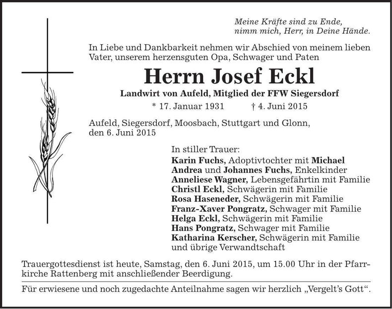 Traueranzeige Josef Eckl