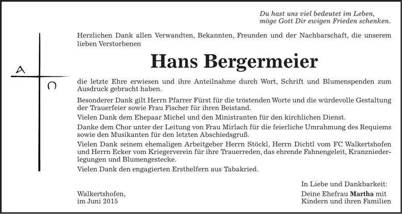 Traueranzeige Hans Bergermeier