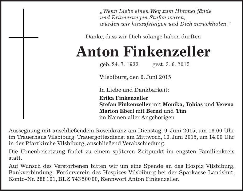 Traueranzeige Anton Finkenzeller
