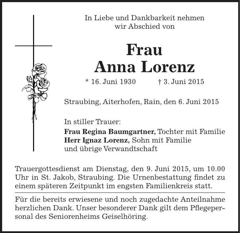 Traueranzeige Anna Lorenz