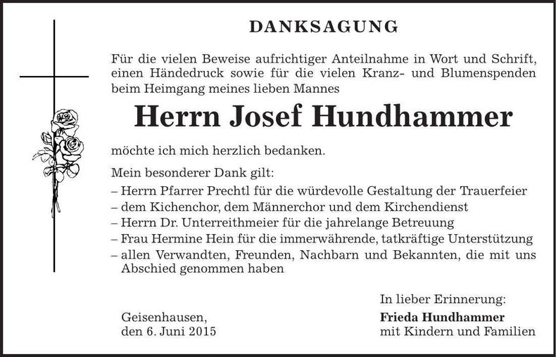 Traueranzeige Josef Hundhammer