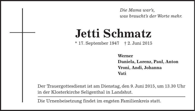 Traueranzeige Jetti Schmatz