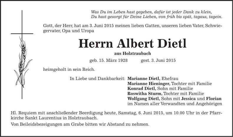Traueranzeige Albert Dietl