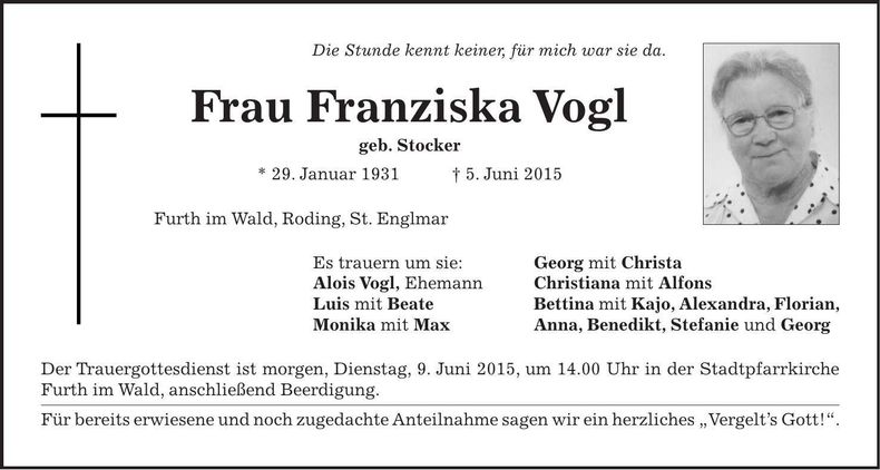 Traueranzeige Franziska Vogl