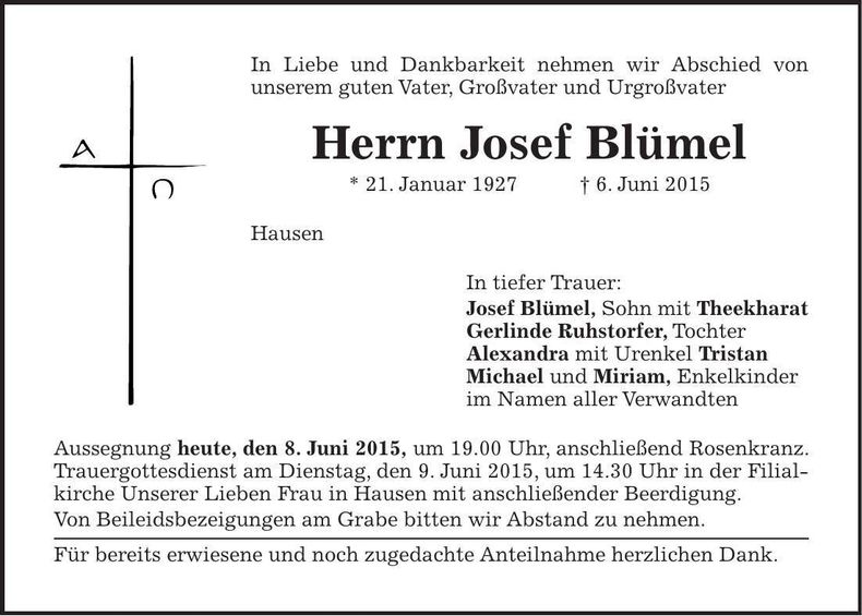 Traueranzeige Josef Blümel